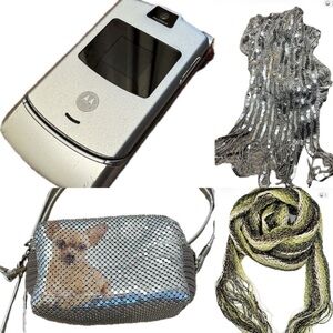 2000 Accessories: Purse, Two Scarf Belts, and Motorola Razor Phone